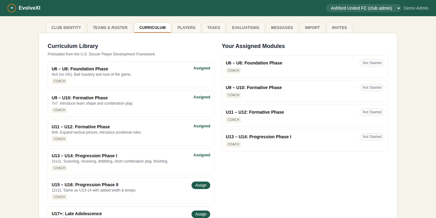 EvolveXI curriculum library, showing assigned age-group modules and onboarding content